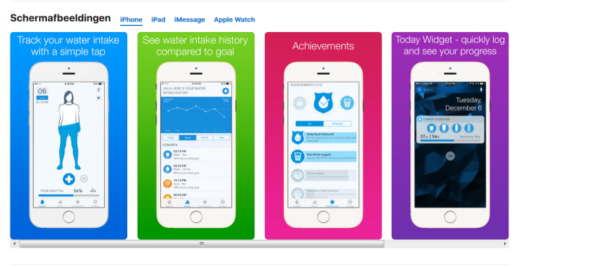 Overzicht mogelijkheden Water Minder-app in de App Store